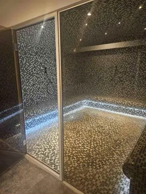 a bathroom with a shower with a glass door at Tontic Lux Residence Hill 54 in Kopaonik