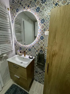 a bathroom with a sink and a mirror at Zlatkovic Family in Pirot