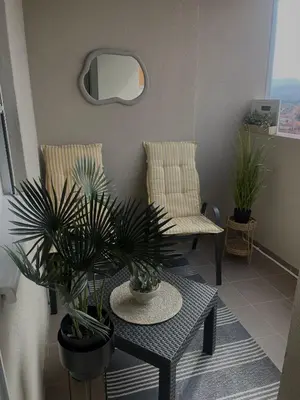 a living room with two chairs and a table with plants at Zlatkovic Family in Pirot