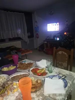 a table with plates of food and a christmas tree at Zorana in Niš