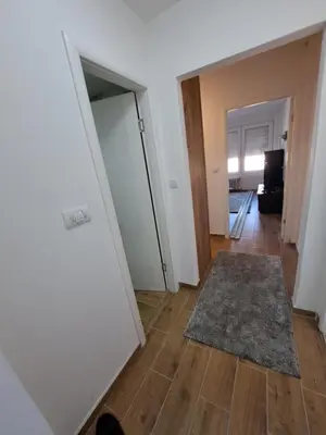 a room with a door and a rug on a wooden floor at Apartman Tea in Niš