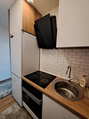 a small kitchen with a sink and a refrigerator at Apartman Tea in Niš