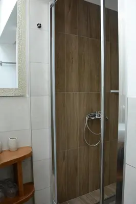 a shower with a glass door in a bathroom at Serbina in Kandalica