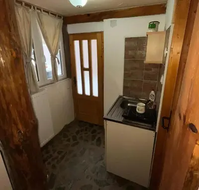 a small kitchen with a sink and a door at Apartmani Manojlović in Crni Vrh