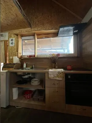 a small kitchen with a sink and a window at Apartmani Manojlović in Crni Vrh