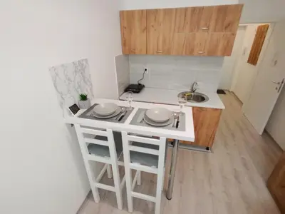 a small kitchen with a counter and a sink at Apartman-studio Sokobanja in Soko Banja