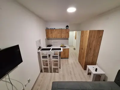 a small kitchen with a stove and a counter top at Apartman-studio Sokobanja in Soko Banja