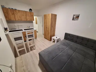 a living room with a couch and a kitchen at Apartman-studio Sokobanja in Soko Banja