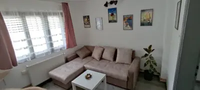 a living room with a couch and a table at Apartman Aki in Niš