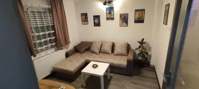 a living room with a couch and a table at Apartman Aki in Niš