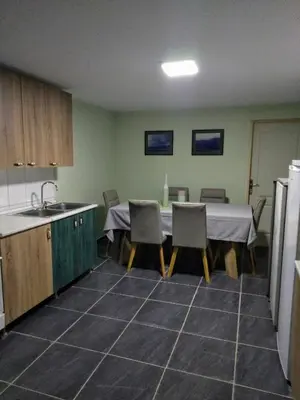 a kitchen with a table and chairs and a kitchen with a sink at Rezervat in Jelašnica