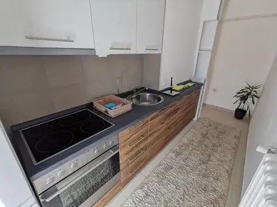 a small kitchen with a sink and a stove at Lunjica in Niš
