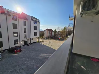 a view of a parking lot from a building at Apartman Nikolić in Soko Banja