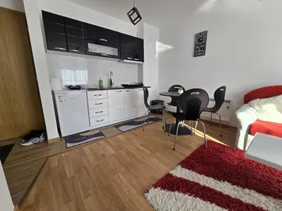 a living room with a kitchen and a table and chairs at Apartman Nikolić in Soko Banja