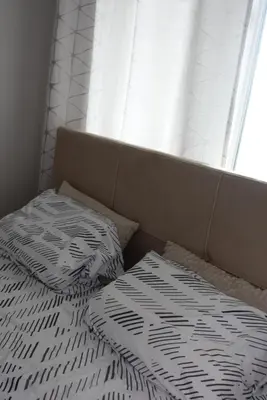 a bed with two pillows in front of a window at Stan u centru Niša, Obilićev venac in Niš