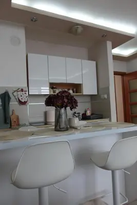 a kitchen with two white chairs and a vase of flowers at Stan u centru Niša, Obilićev venac in Niš