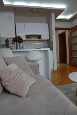 a living room with a couch and a kitchen at Stan u centru Niša, Obilićev venac in Niš