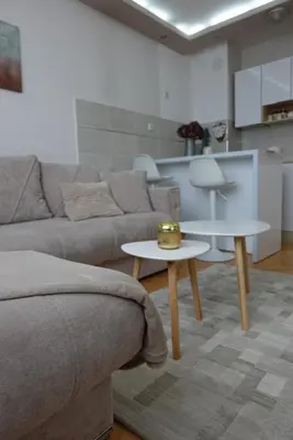 a living room with a couch and two tables at Stan u centru Niša, Obilićev venac in Niš