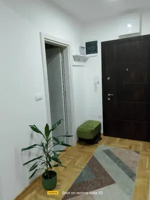 a room with a potted plant and a door at Apartman Konak in Vrnjačka Banja