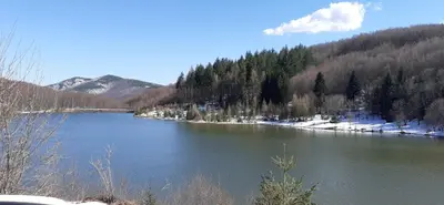 a view of a river with snow and trees at Goč Sunčani breg in Stanišinci