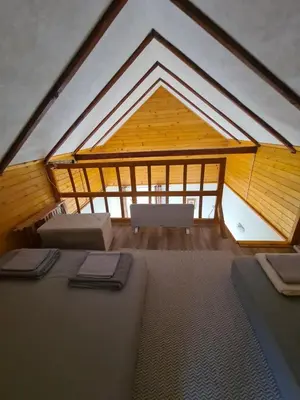 a attic room with two beds and a roof at Goč Sunčani breg in Stanišinci