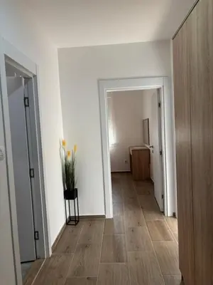 an empty hallway with a vase of flowers on a table at Jasmina apartman in Soko Banja