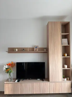 a large wooden entertainment center with a flat screen tv at Jasmina apartman in Soko Banja