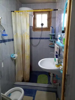 a bathroom with a shower curtain and a sink at Seoska idila in Bela Palanka
