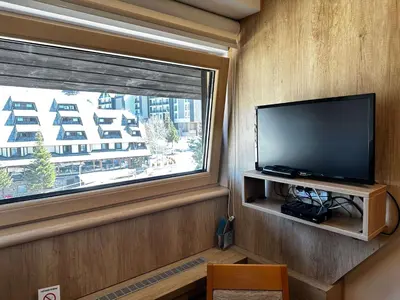 a living room with a flat screen tv and a window at Konaci Kopaonik 28 in Kopaonik