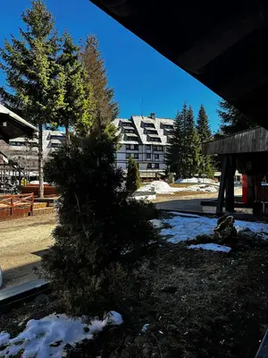a christmas tree in the yard of a building at Konaci Kopaonik 28 in Kopaonik