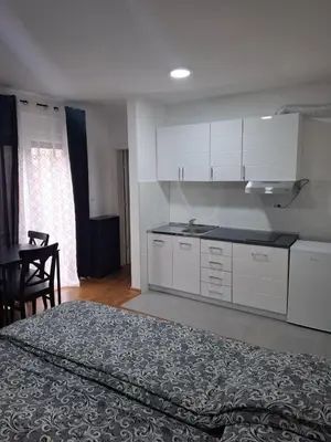a bedroom with a bed and a kitchen with white cabinets at Apartman STAR Vrnjačka Banja in Vrnjci