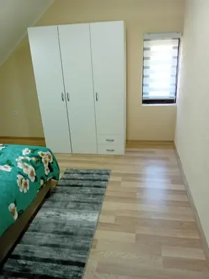 a bedroom with a bed and a cabinet and a rug at Apartman Anči in Vrnjačka Banja
