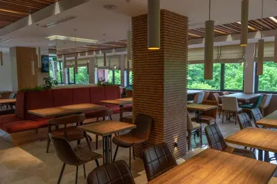 a restaurant with wooden tables and chairs and windows at Spa & wellness Villa Garetov Konak in Prolomska Banja