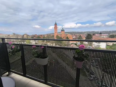 a balcony with two potted plants and a view of a city at Mina Lux in Paraćin
