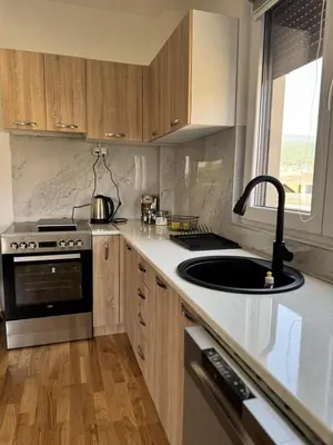 a kitchen with a sink and a stove at Apartman Tasic in Vranje