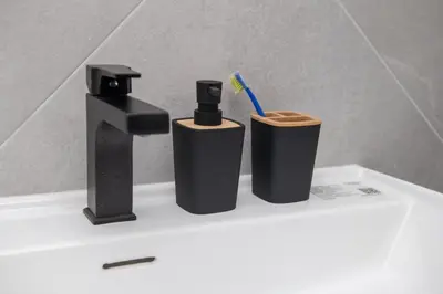 two black trash cans with a toothbrush in them at Apartman Tasic in Vranje