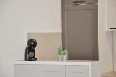 a kitchen counter with a mirror and a potted plant at Planet Urban Apartment & SPA in Niš