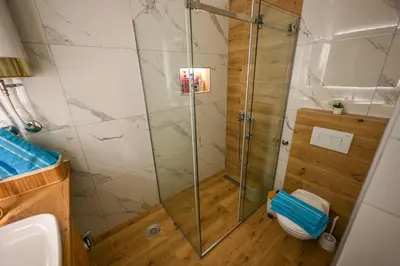 a shower with a glass door in a bathroom at STAN na DAN MITIC FREE PARKING in Vranje