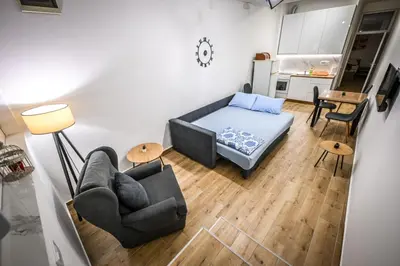 a living room with a couch and a bed at STAN na DAN MITIC FREE PARKING in Vranje