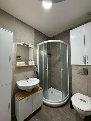 a bathroom with a shower and a sink and a toilet at Royal apartmani Vrnjačka Banja in Vrnjci