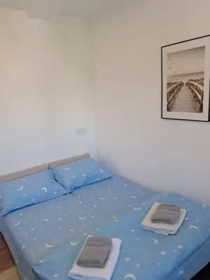 a bed in a room with blue sheets and a picture at Apartman S&U in Soko Banja