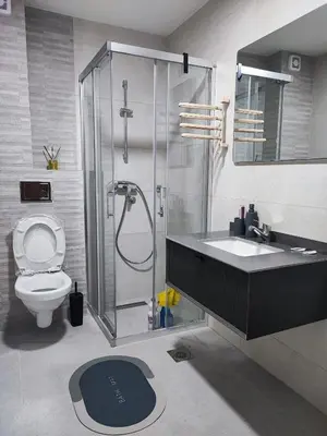 a bathroom with a shower and a toilet and a sink at 