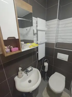 a bathroom with a white sink and a toilet at Apartman ZVONKO in Vrnjačka Banja