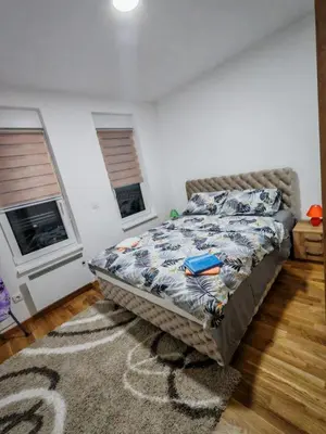 a bedroom with a bed and a rug at Apartman STEFAN in Vrnjačka Banja
