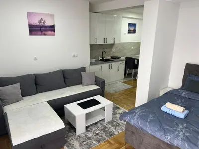 a living room with a couch and a table at Apartman David in Vrnjci