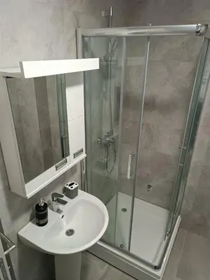 a bathroom with a glass shower and a sink at Apartman David in Vrnjci