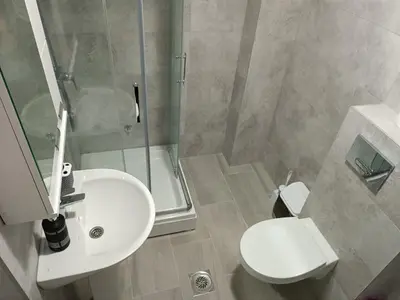a bathroom with a toilet and a sink and a shower at Apartman David in Vrnjci