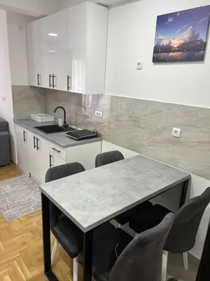 a kitchen with a table with chairs and a sink at Apartman David in Vrnjci