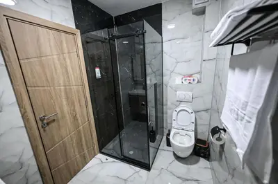 a bathroom with a toilet and a glass shower at Apartmani EMA SL in Vranje
