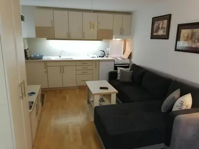 a living room with a black couch and a kitchen at Royal 019 in Vrnjačka Banja